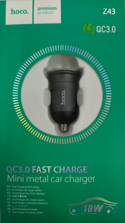 Автомобильное заряд. устр. Hoco Z43 1USB QC3.0 3A 18W темно-серое