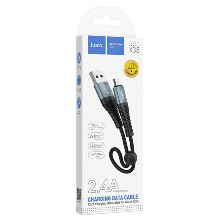 Usb Кабель-зарядка Micro Hoco X38 Cool 2.4A 0.25м в тканевой оплётке чёрный