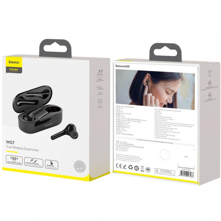 Мобильная Bluetooth-гарнитура Baseus Encok W07 IP55/BT5.0/30mAh (500mAh)/4ч (NGW07-01) черная