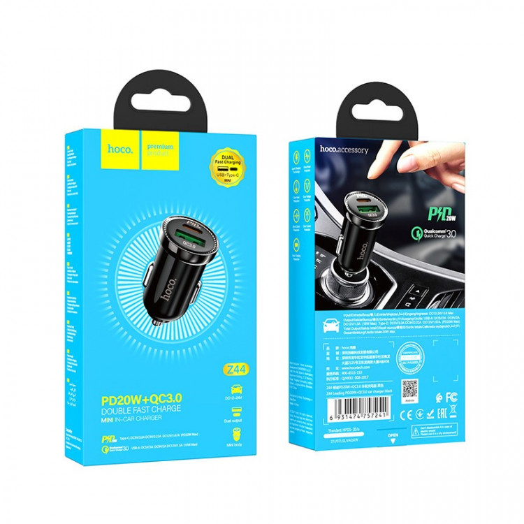 Автомобильное заряд. устр. Hoco Z44 1USB/3A 1C/20W черное
