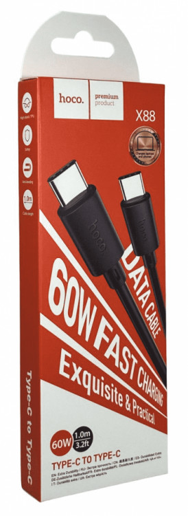 Usb Кабель-зарядка Type-C на Type-C Hoco X88 3.0A  60W 1M черный