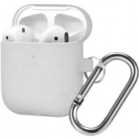 Силиконовый чехол для AirPods с карабином серебристый с блёстками