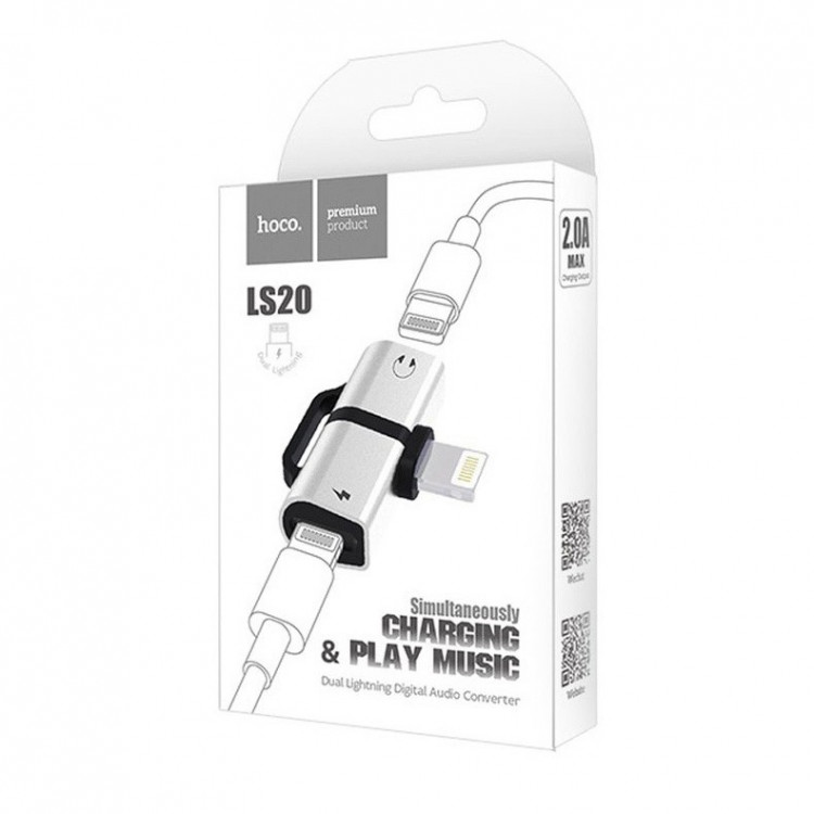 Переходник Hoco LS20 Lightning (папа) на 2 Lightning (мама) аудио/зарядка серебристый