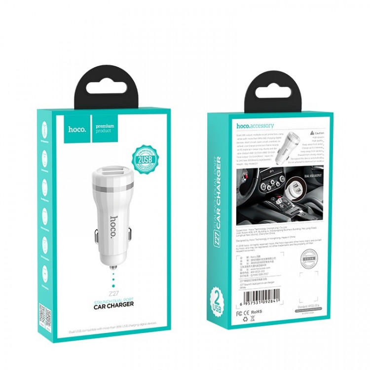 Автомобильное заряд. устр. Hoco Z27 2USB 2.4А, белое