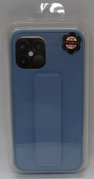 Накладка для i-Phone 12 Pro Max 6.7" кожаная с держателем для руки голубая