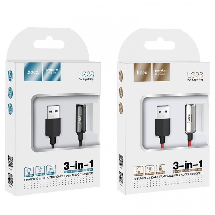 Кабель-переходник Hoco LS28 USB (папа) на Lightning (папа)/Lightning (мама) аудио/зарядка 20см серый