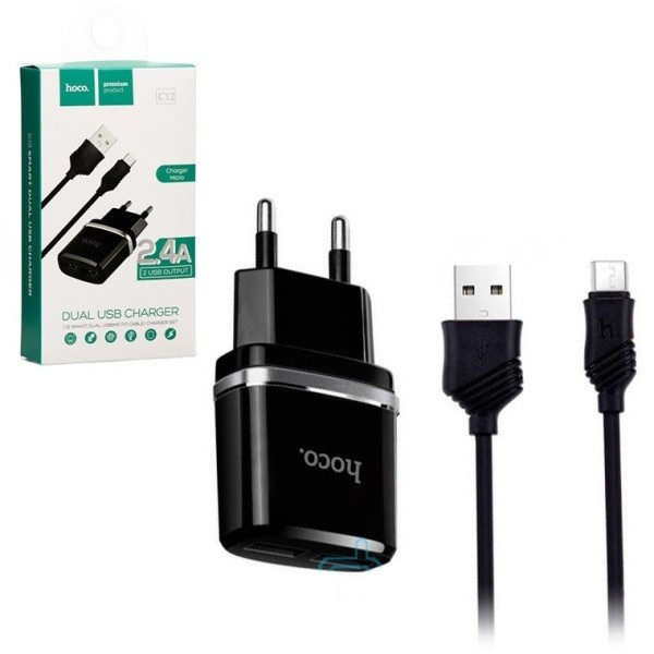 Сетевое зар. устр. Hoco C12 2USB Micro 2.4A черное